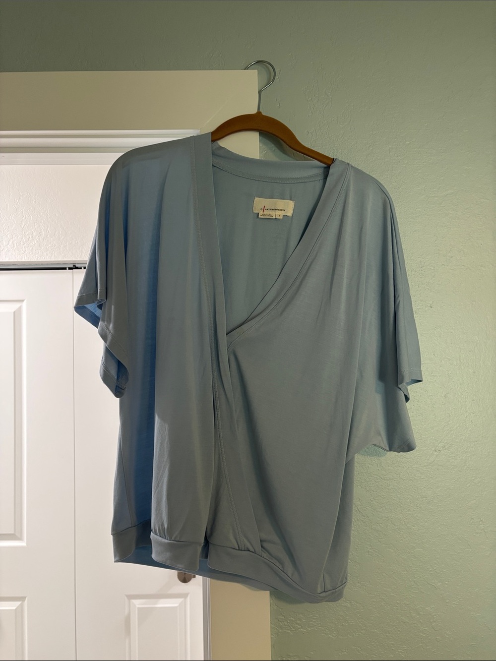 Anthropologie Pale Blue Short Sleeve Draped Blouse